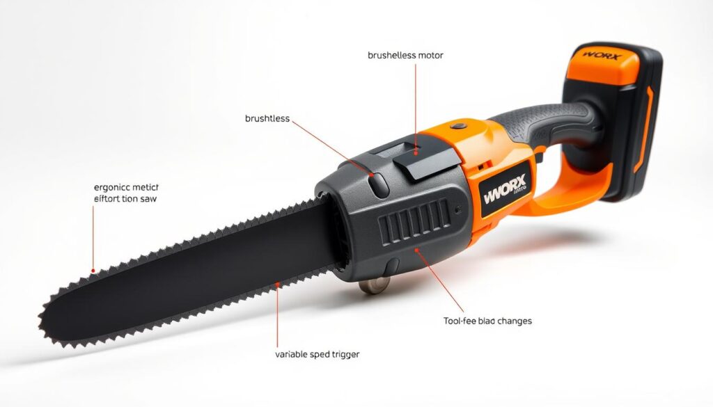Detailed high-resolution close-up of the Worx Nitro Reciprocating Saw, showcasing its ergonomic design and key features. The saw is positioned on a clean white background, evenly lit from the side to highlight its sleek, modern lines and the textured grip. The image should capture the saw's balanced weight distribution, comfortable handle, and streamlined body, emphasizing how the design prioritizes user comfort and control during operation. Technical details like the saw's brushless motor, variable speed trigger, and tool-free blade changes should be clearly visible. The overall mood should convey a sense of precision, efficiency, and the saw's suitability for professional-grade cutting tasks.