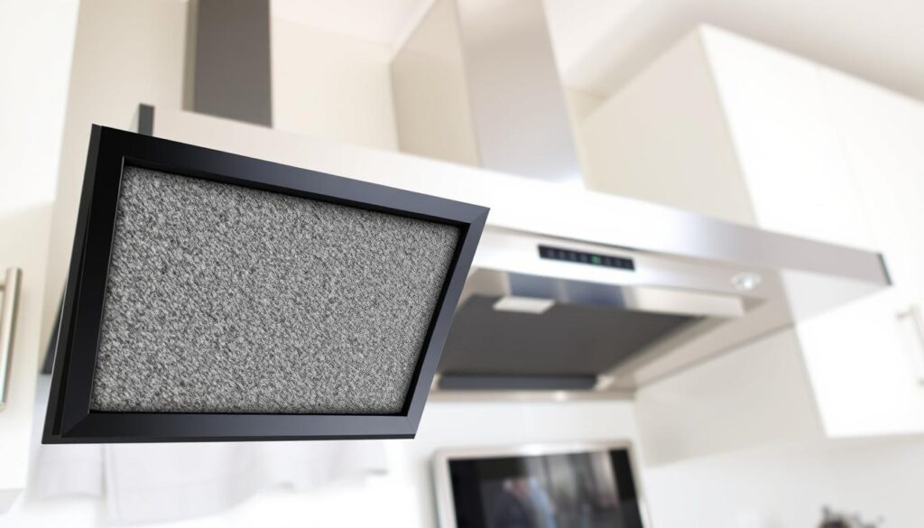 Detailed image of a cooker hood charcoal filter replacement. Bright, well-lit scene showcasing the filter in the foreground. Middle ground features the interior of the cooker hood with the filter compartment open. Background shows the kitchen appliance setup, including the hood mounted above a stove or oven. The filter is positioned prominently, with attention drawn to its shape, size, and position within the hood. The lighting is natural, conveying a clean, organized atmosphere. The camera angle is slightly elevated, providing a clear, unobstructed view of the filter and its installation context.