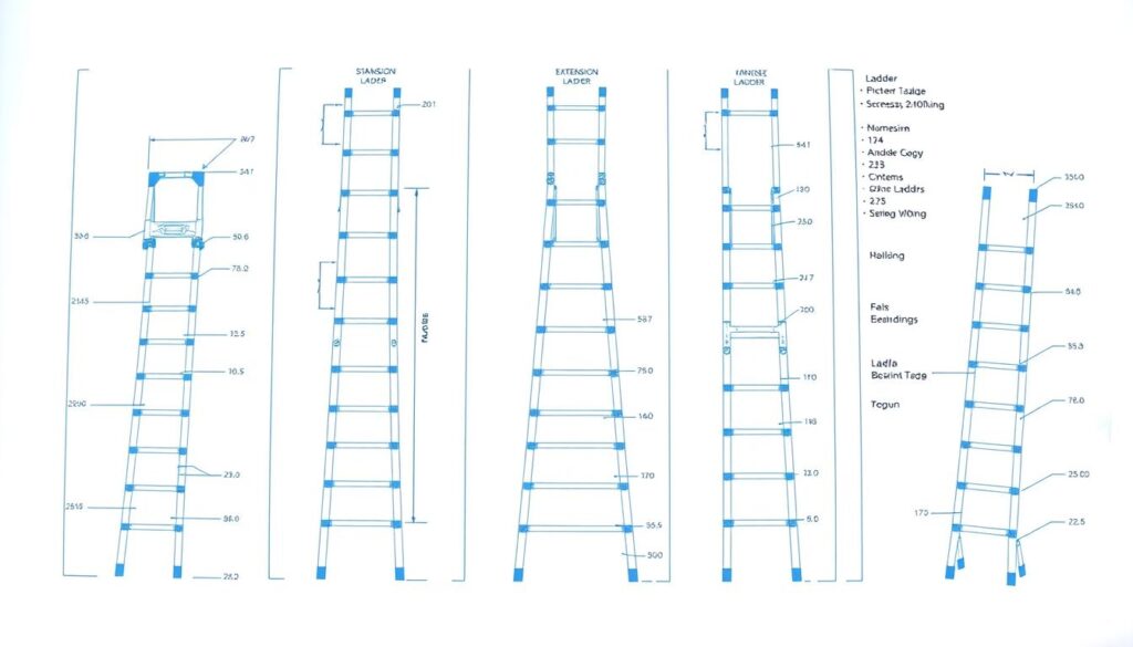 Detailed technical schematic illustration of various ladder specifications and standards, showcasing the key design elements and safety features. Crisp, clean, high-resolution image with a white background, highlighting the intricate engineering and construction details of step ladders, extension ladders, and other common household ladder types. Precise measurements, material compositions, and load-bearing capacity information clearly visible. Subtle blue and gray tones create a professional, technical aesthetic. Optimal camera angle and lighting to accentuate the engineering principles and industry regulations.
