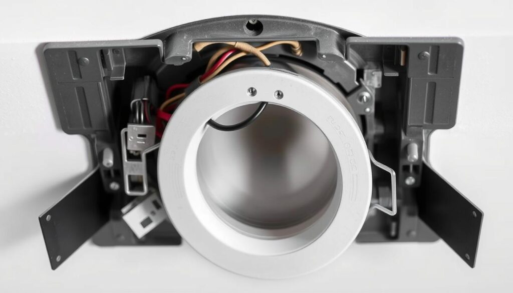 Detailed view of a recessed light housing, showcasing the internal components and the repair process. Centered composition with a clean, well-lit background. The housing is partially disassembled, exposing the wiring, mounting brackets, and trim ring. Soft shadows and highlights emphasize the textures and mechanical details. A sense of precision and technical expertise is conveyed, guiding the viewer through the step-by-step repair procedure. The image should serve as a clear visual reference for the corresponding section of the article on "How to Fix Recessed Light Housing: Step-by-Step Process".