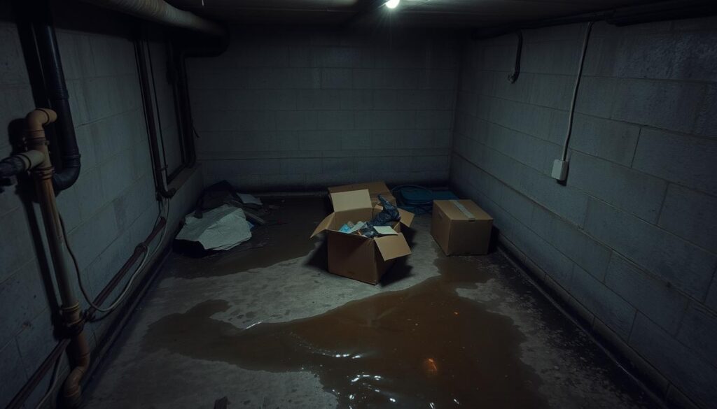 Dimly lit basement interior, concrete walls and floor, water seepage visible along the base, puddles forming on the ground. Corroded pipes and exposed wiring in the corners, old boxes and forgotten items strewn about. Damp, musty atmosphere, with a sense of neglect and disrepair. High-angle shot capturing the overall scene, highlighting the need for comprehensive basement waterproofing to address the moisture issues and prevent further deterioration.
