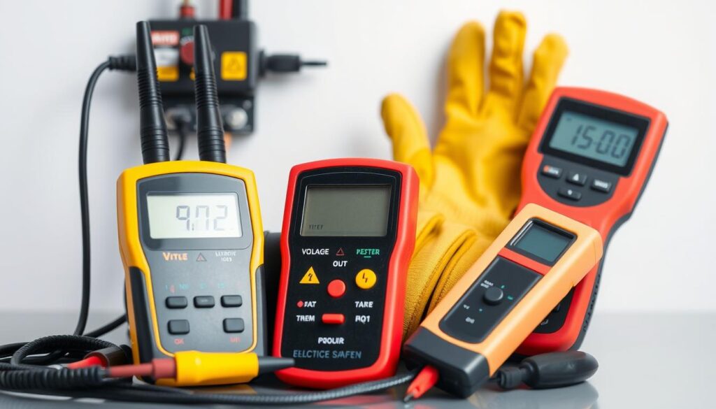 Electrical safety equipment in the UK, including voltage testers and insulated gloves