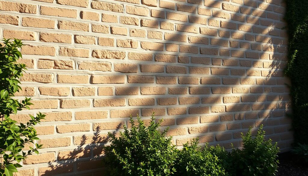 Exterior masonry render, weathered and textured, bathed in warm afternoon sunlight. A classic brick facade, its surface coated with a durable, chalky finish. Sunlight casts long shadows, highlighting the subtle undulations and imperfections of the material. In the foreground, freshly applied paint, glistening and uniform, transforming the facade into a vibrant, rejuvenated canvas. Surrounding the structure, lush foliage and a well-manicured garden, creating a harmonious blend of natural and man-made elements. The scene exudes a sense of timelessness, where the interplay of light, texture, and color underscores the importance of maintaining and preserving the integrity of exterior masonry render.