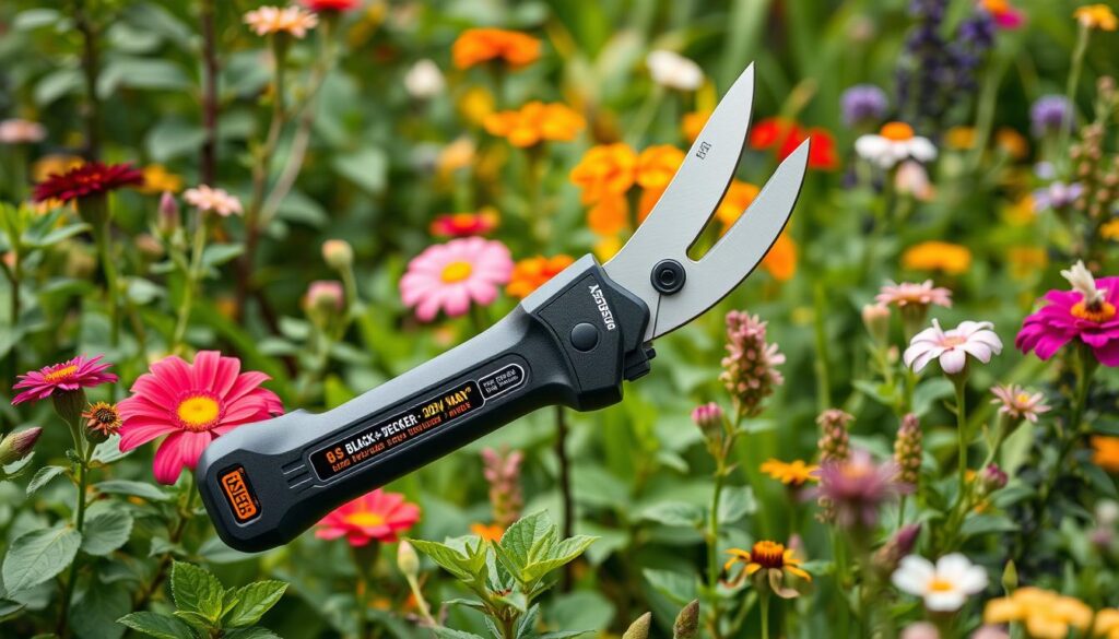 Generate an image of Black+Decker 20V Max pruning shears in a UK garden setting.