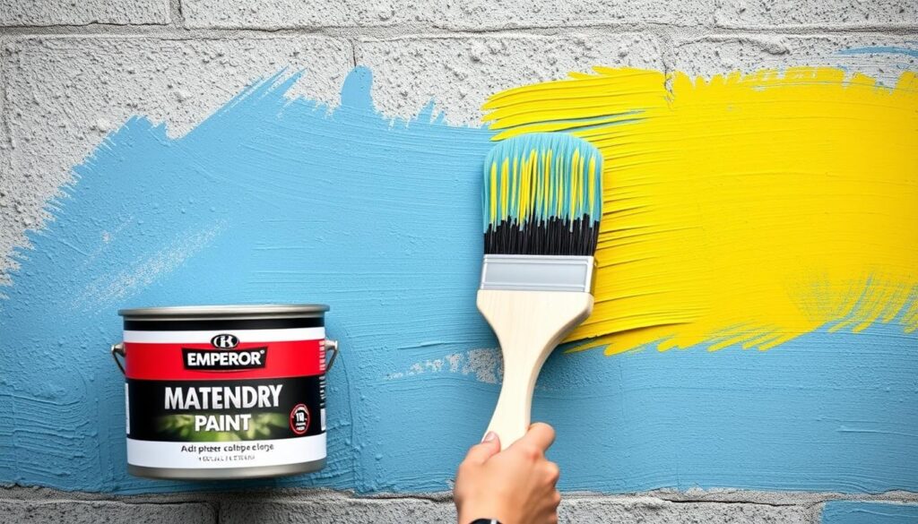 Generate an image of Emperor Masonry Paint being applied to a wall