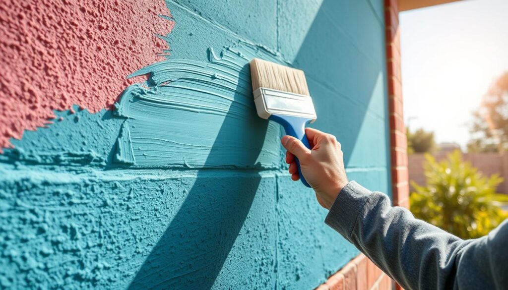 Generate an image of Sandtex Masonry Paint being applied to a wall