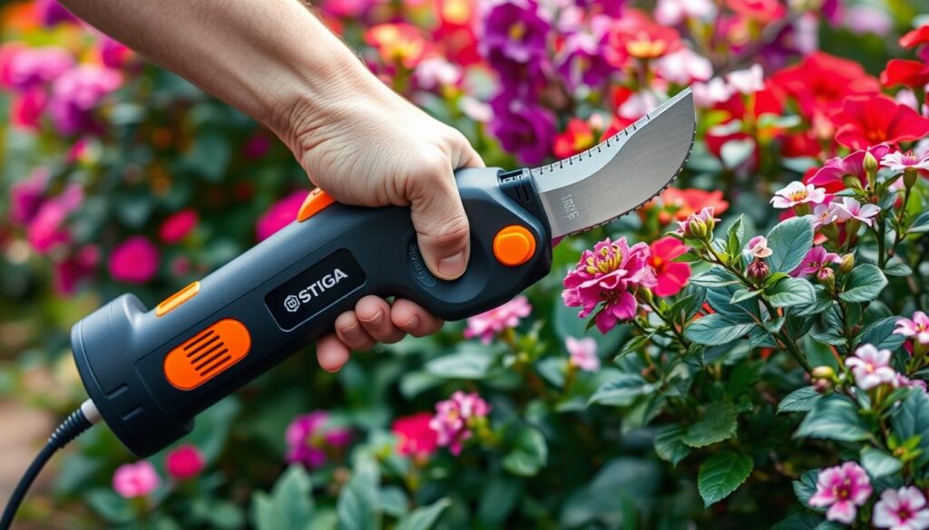 Generate an image of Stiga Electric Pruners in use.