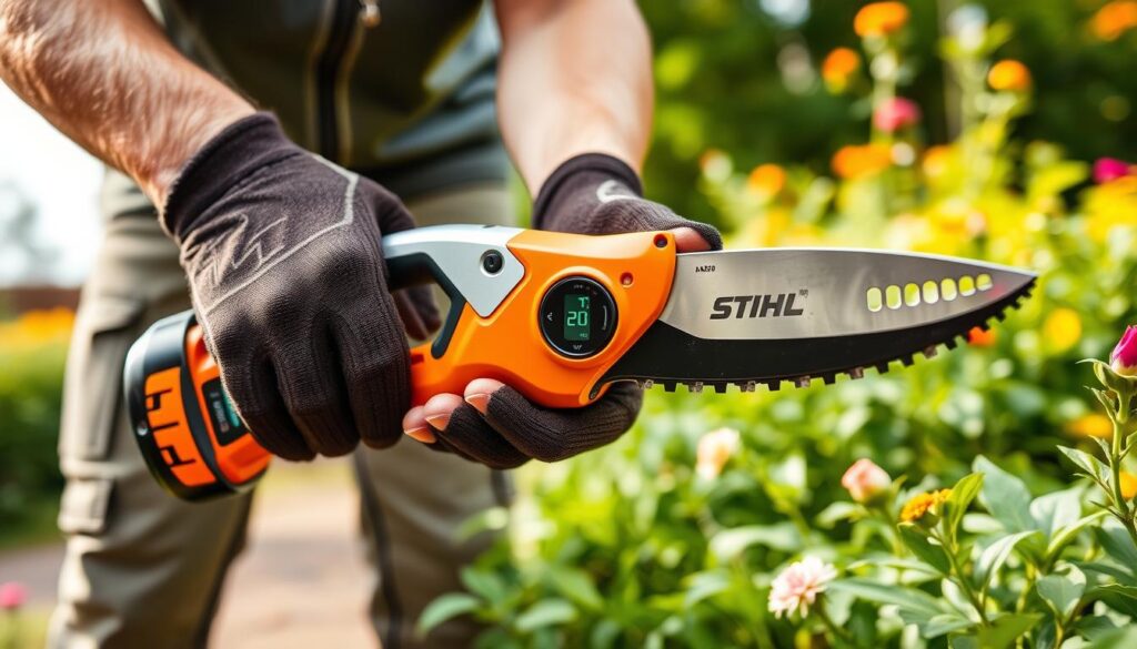 Generate an image of Stihl ASA20 cordless secateurs in use, showcasing its ergonomic design and digital display.