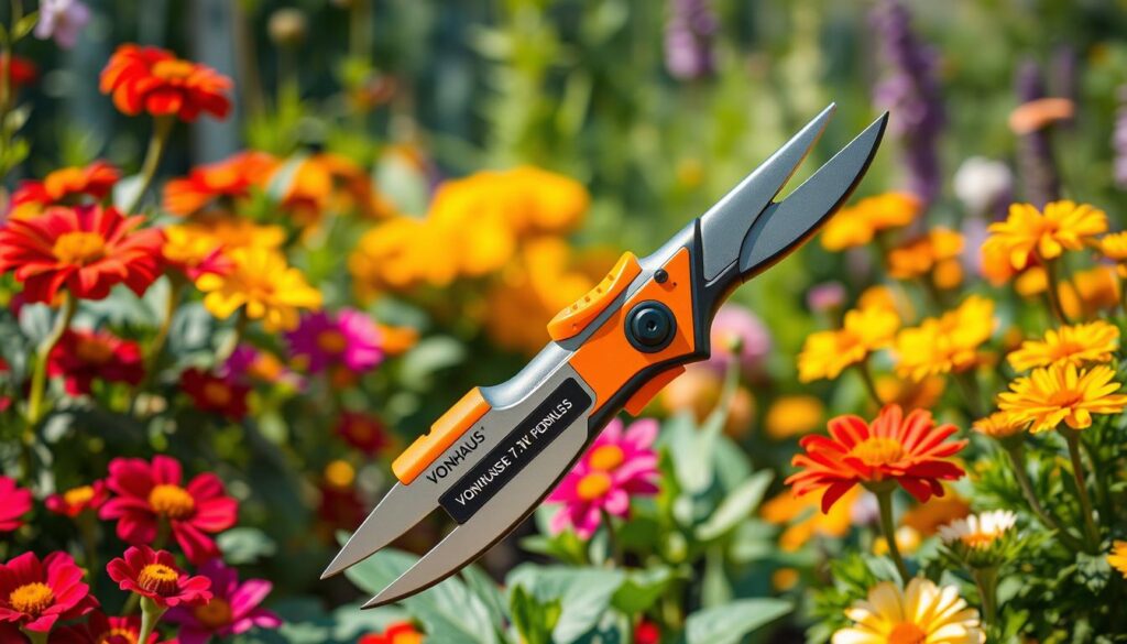 Generate an image of Vonhaus 7.2V cordless pruning shears in a garden setting.