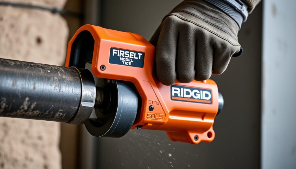 Generate an image of a RIDGID Model 15 pipe cutter in action.