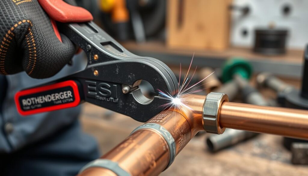 Generate an image of a Rothenberger tube cutter being used to cut a copper pipe.