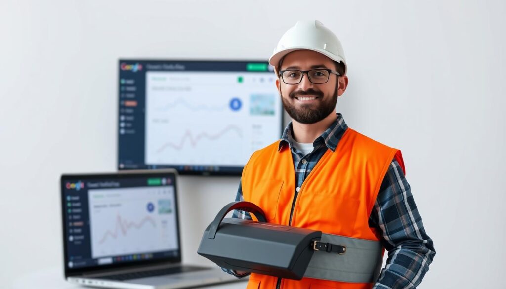 Generate an image of a handyman in a bright orange vest holding a toolbox, standing in front of a Google Ads dashboard on a laptop.