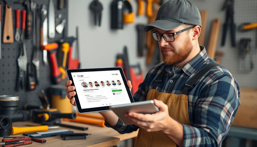 Generate an image of a handyman updating his Google Business Profile on a tablet