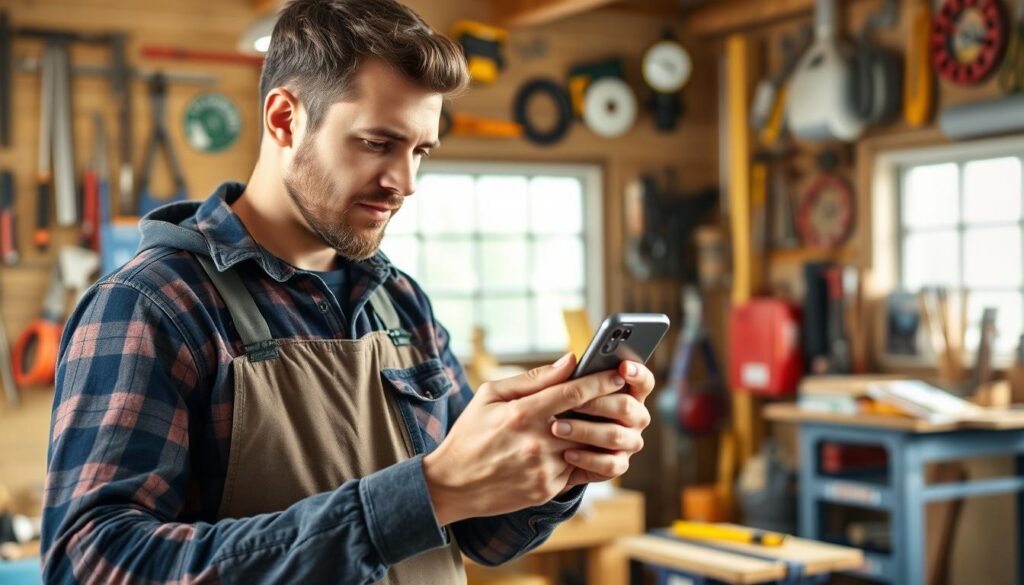 Generate an image of a handyman using a smartphone to post on social media