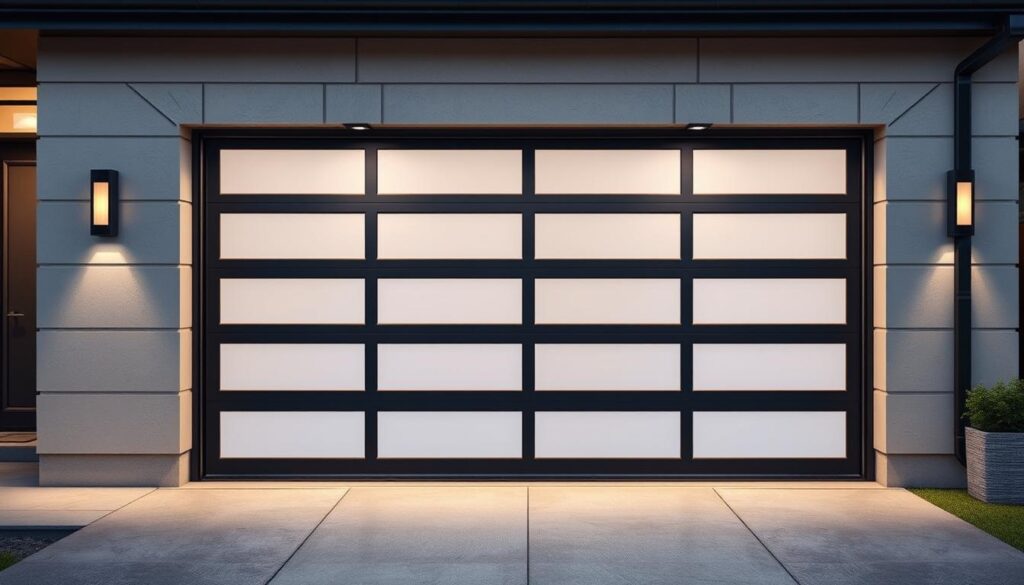 Generate an image of a modern garage door with advanced security features.