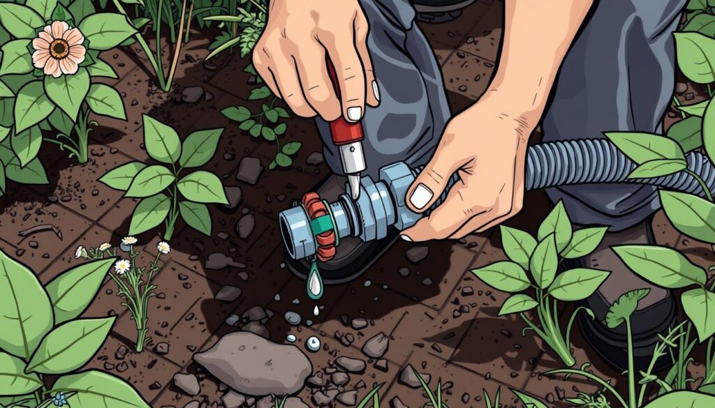 Generate an image of a person fixing a leaking hose connector