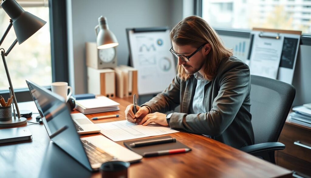 Generate an image of a person writing a risk assessment document at a desk.