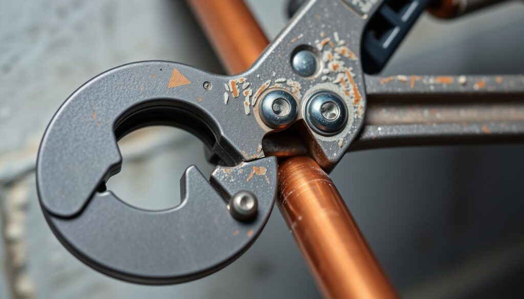 Generate an image of a ratchet-style pipe cutter being used to cut a copper pipe.
