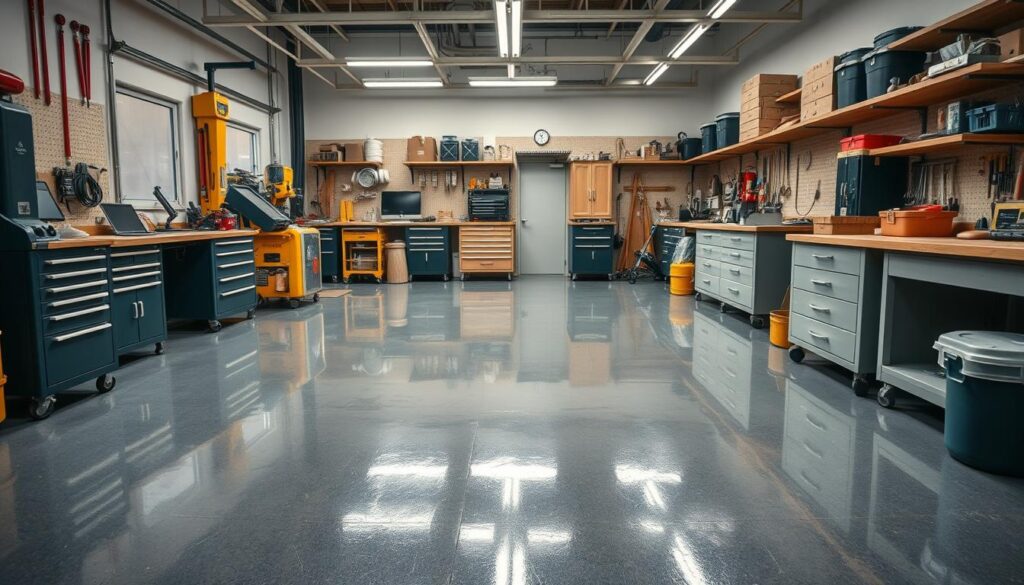 Generate an image of a workshop with epoxy-coated flooring