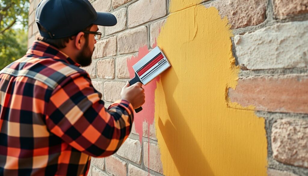 Generate an image of affordable masonry paint being applied to a wall