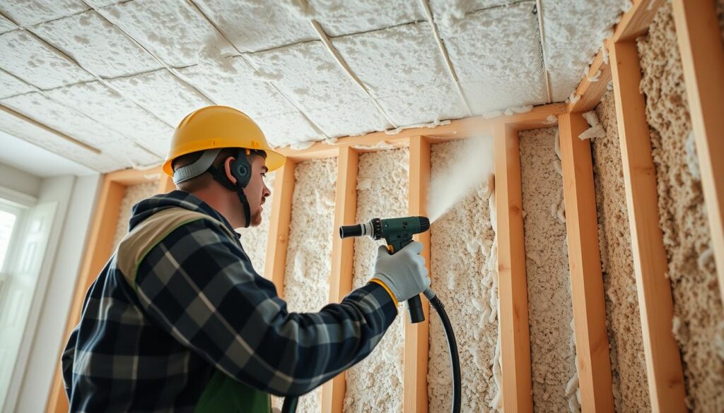 Generate an image of eco-friendly spray foam insulation being applied.