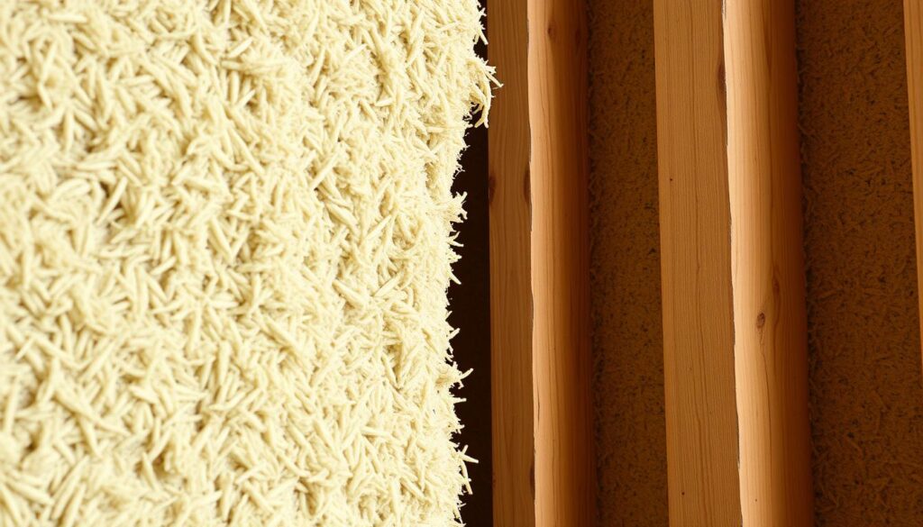 Generate an image of hemp fibre insulation being used in a wall cavity.