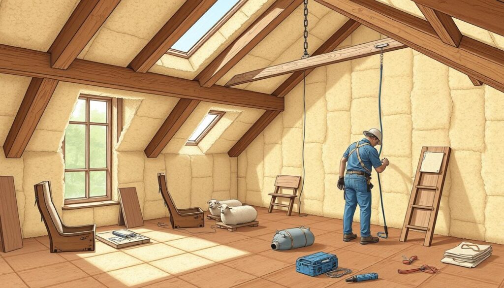 Generate an image of sheep's wool insulation being installed in a loft.