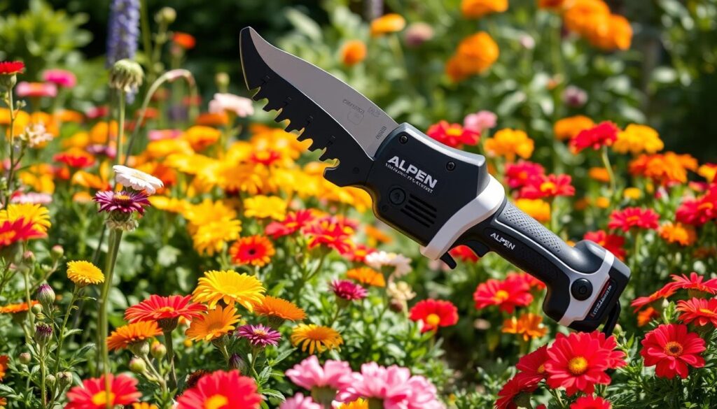 Generate an image of the ALPEN Wildhorn32 electric pruning shear in a garden setting.