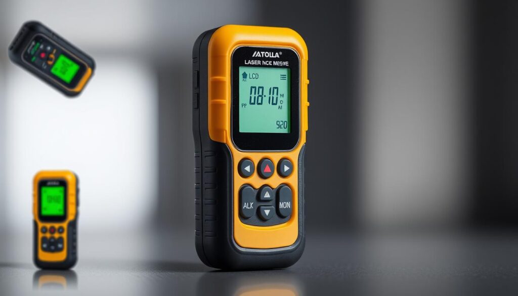 Generate an image of the Atolla Laser Distance Measure device, showcasing its compact design and LCD display.