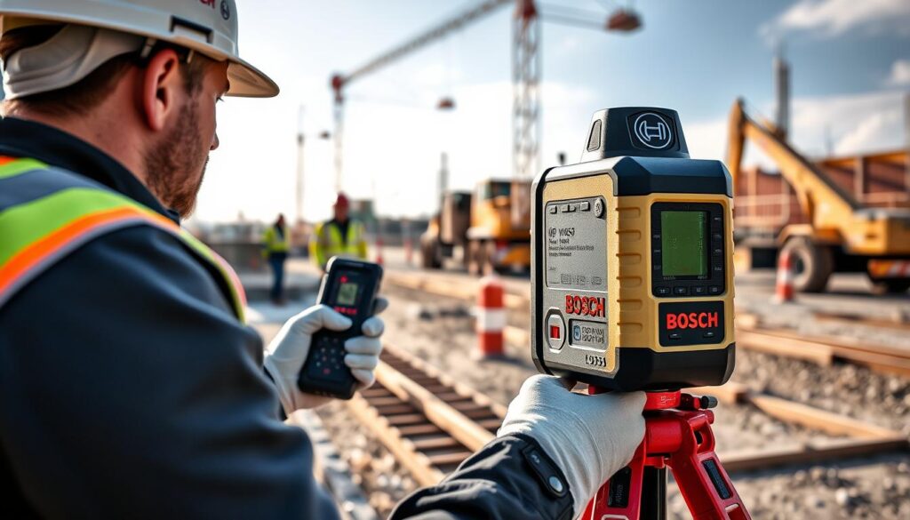 Generate an image of the Bosch GLM165-27CGL laser distance measurer in use on a construction site.