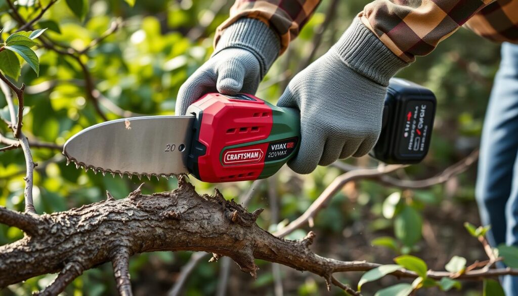 Generate an image of the Craftsman 20V Max electric pruner in action, cutting through a branch.