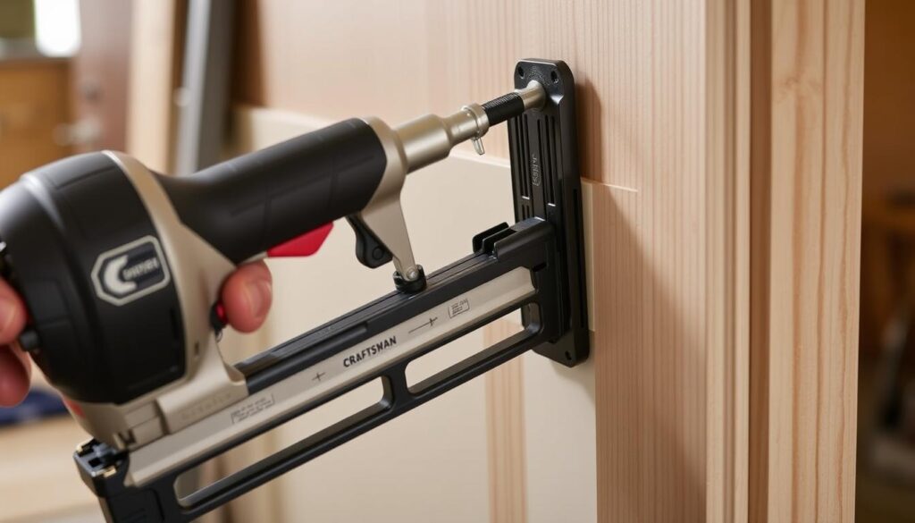 Generate an image of the Craftsman 23-Gauge Pin Nailer in use on a delicate trim project.