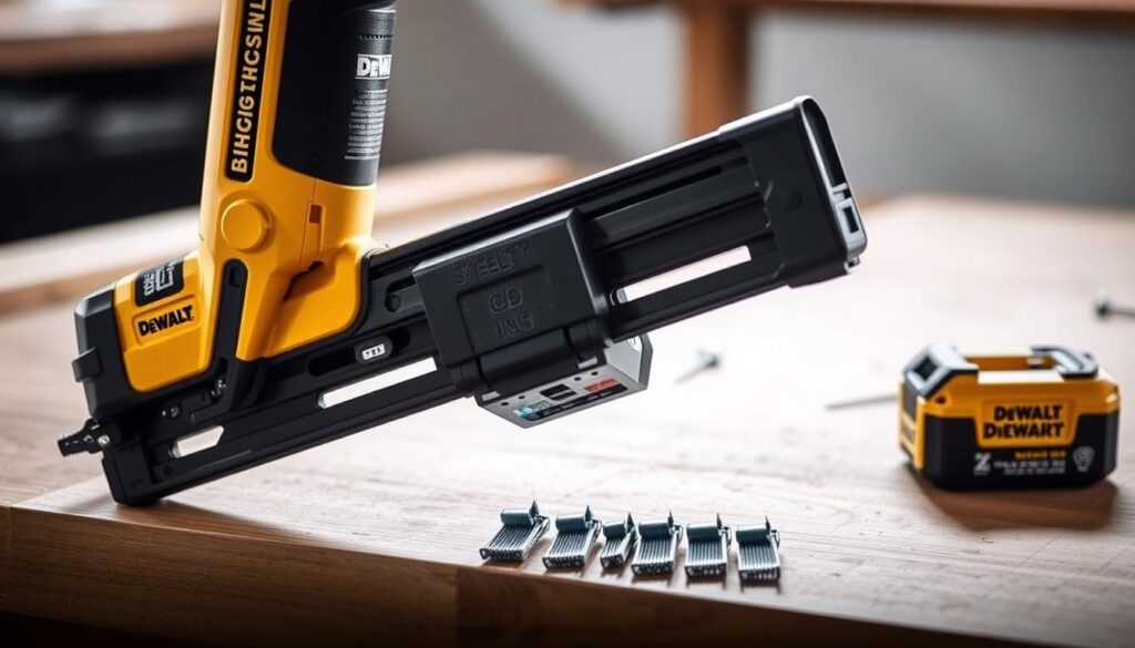 Generate an image of the DeWalt 18-Gauge Brad Nailer cordless brad nailer with its battery and a few nails.