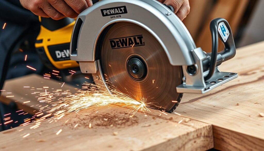Generate an image of the DeWalt DCS570 circular saw in action, cutting through a thick wooden plank.