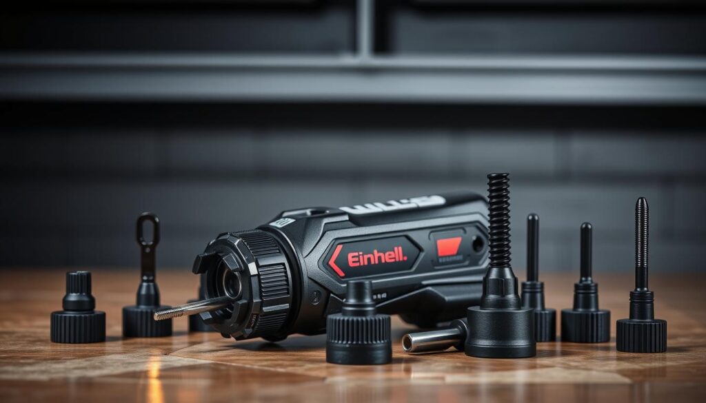 Generate an image of the Einhell Power X-Change Multitool with its various attachments.