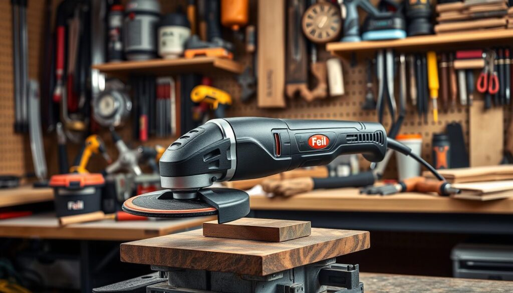 Generate an image of the Fein MultiMaster MM700 oscillating multi-tool in a workshop setting.