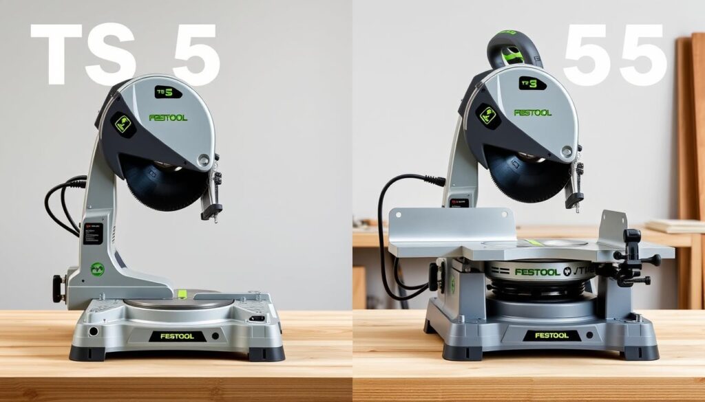 Generate an image of the Festool TS55 track saw models side by side