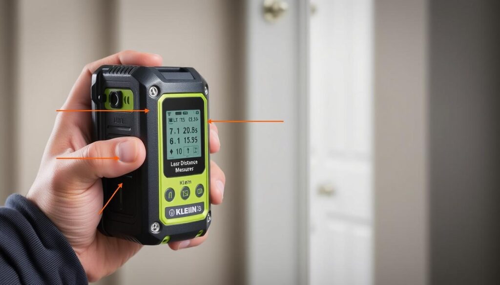 Generate an image of the Klein Compact93LDM100C laser distance measurer, showcasing its compact design and user-friendly interface.