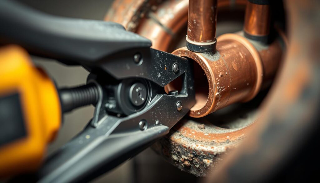 Generate an image of the Knipex Mini Tube Cutter being used to cut a copper pipe in a tight space.