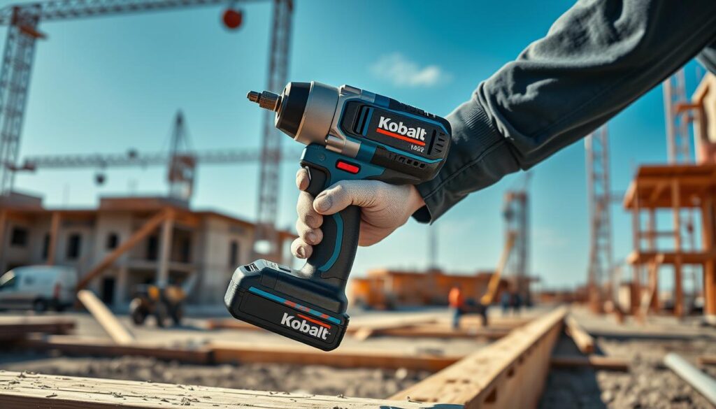 Generate an image of the Kobalt Cordless Impact Wrench in use on a construction site.