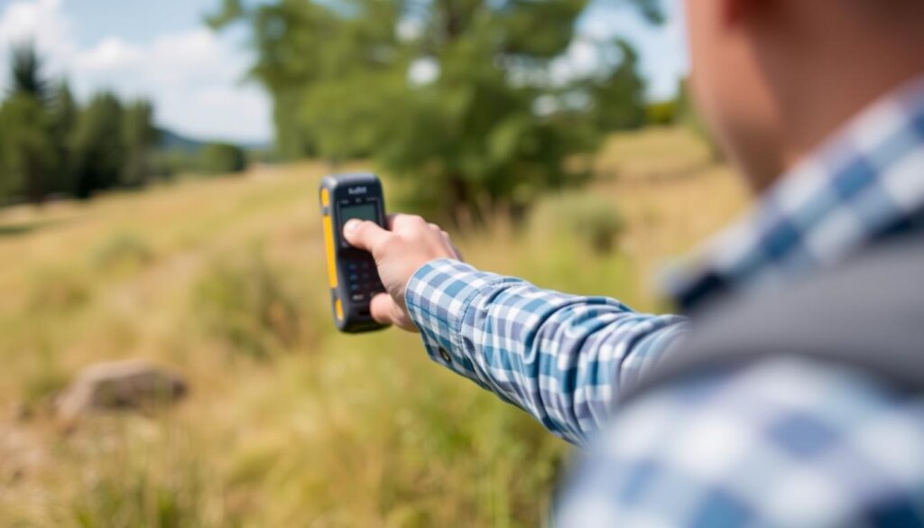 Generate an image of the Leica Geosystems DISTO E7500i laser distance measurer being used outdoors.