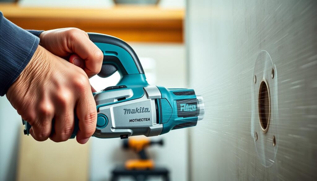 Generate an image of the Makita 18V LXT Brushless XMT04 oscillating multi-tool in action, showcasing its unique bulbous head design and Starlock Max interface.