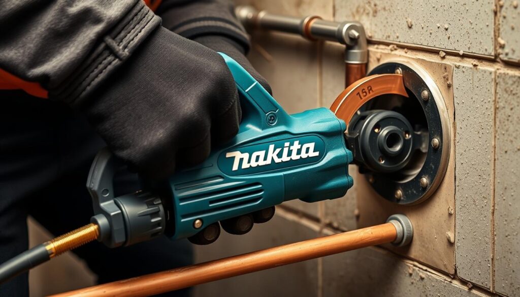 Generate an image of the Makita Copper Pipe Cutting Tool being used in a plumbing application.