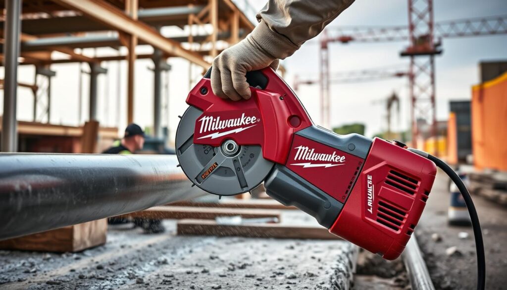 Generate an image of the Milwaukee Electric Pipe Cutter in use on a construction site.