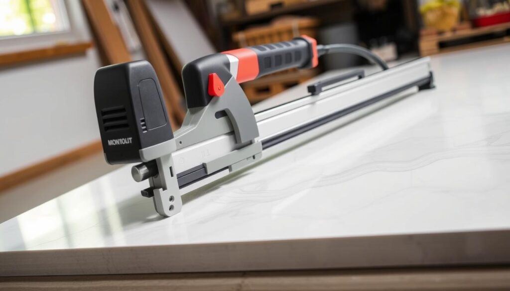 Generate an image of the Montolit Masterpiuma Evolution3 29" tile cutter in action, cutting through a porcelain tile.