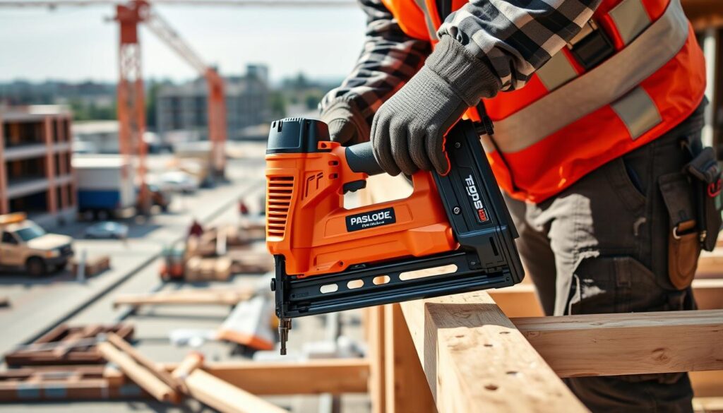 Generate an image of the Paslode 18-Gauge Straight Brad Nailer in use on a construction site.