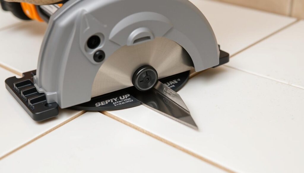 Generate an image of the QEP10214Q14" Rip Ceramic Tile Cutter cutting a ceramic tile.