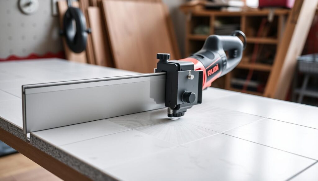 Generate an image of the Rubi BL-ND-180 Smart Electric Tile Cutter in action, cutting through a porcelain tile.