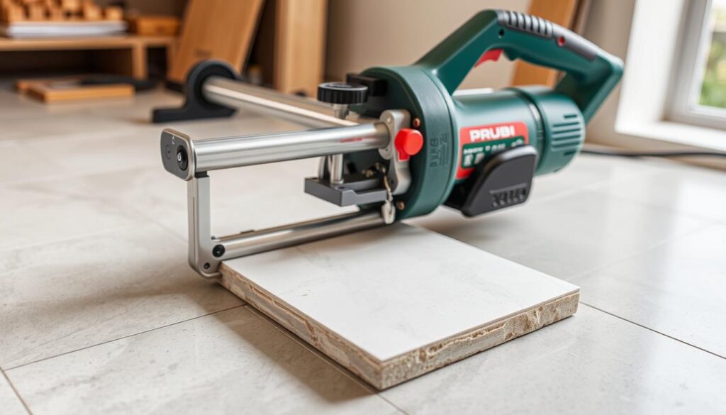 Generate an image of the Rubi Speed-N Tile Cutter being used to cut a tile.