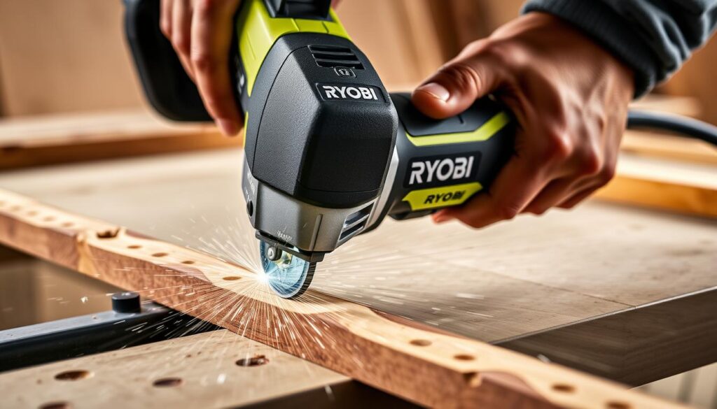 Generate an image of the Ryobi R18-MT oscillating multi-tool in action, showcasing its articulated cutting head.